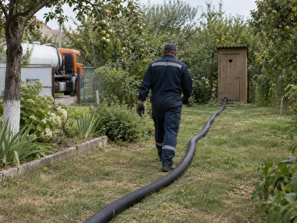 Деревянный уличный туалет в саду, к нему тянется шланг